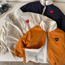 柠里男女童外套加绒立领撞色爱心秋冬宝宝拉链衫保暖儿童休闲上衣