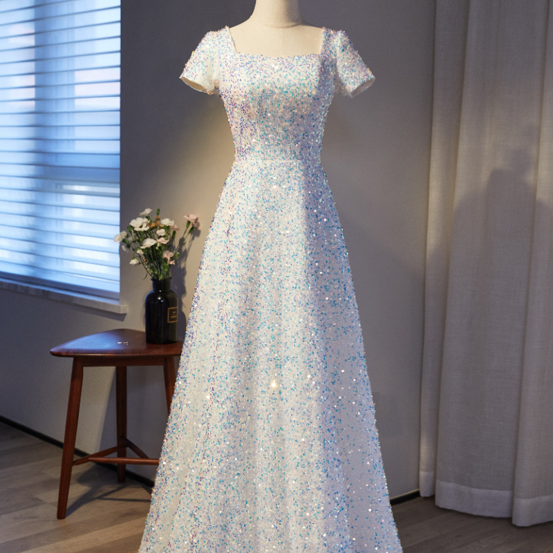 White evening dress, square neckline