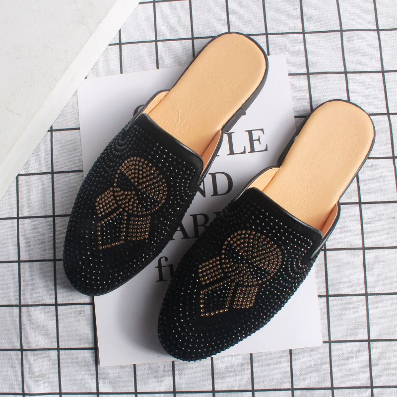 Горячими бриллиантами полутепы мужские стразы сетка красные социальные кожаные тапочки мужские летние баотоу без постель 2025 новый Leather