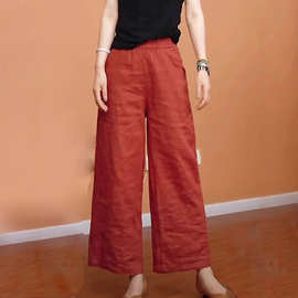 砖红色亚麻松弛感九分裤女2025夏季新款松紧腰质感舒适直筒阔腿裤