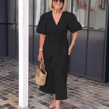 跨境欧美女装2024春夏新款V领系带泡泡袖棉质连衣裙亚马逊