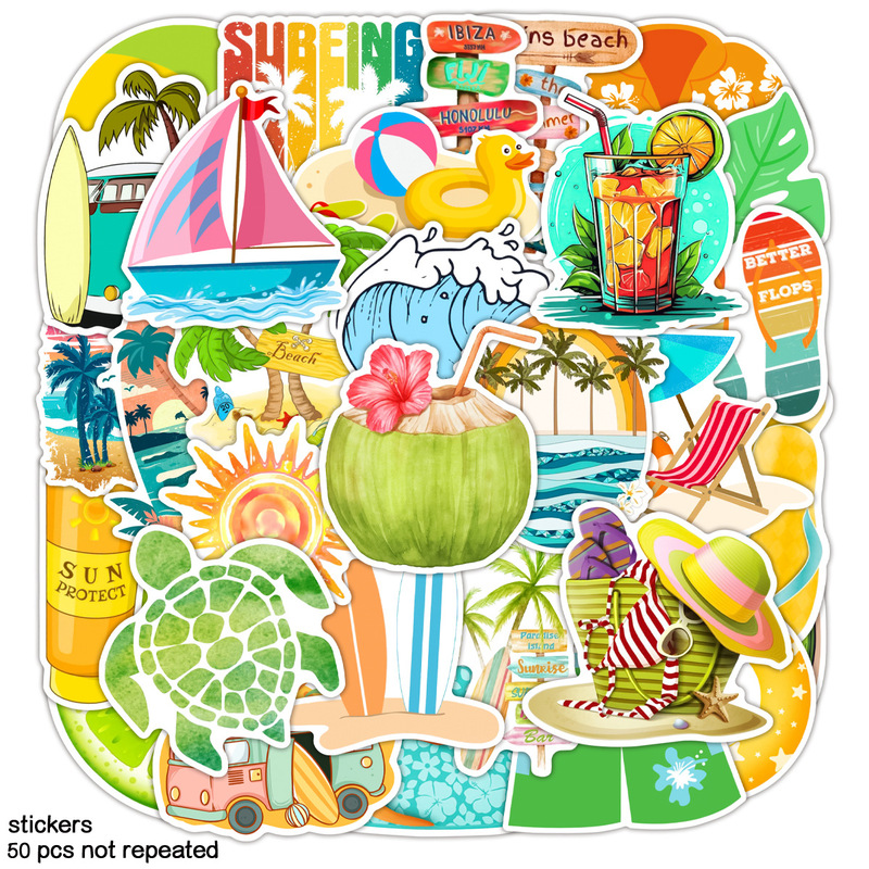 50 Summer Beach Cartoon Stickers for Handbags, Mobile Phone Cases, Water Cups, Laptops, Waterproof Decorative Stickers
