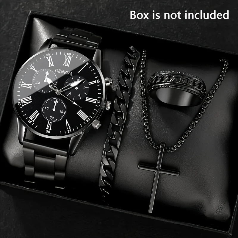 4Pcs/Set Men's New Watch Set Blue Needle Steel Belt Glass Quartz Watch Necklace Ring Men's Watch