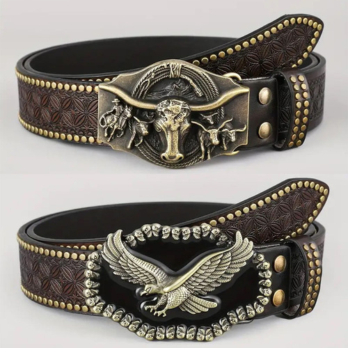 Western Cowboy Belt Trendy Retro Youth Punk Floral Men's Rivet Leather Belt