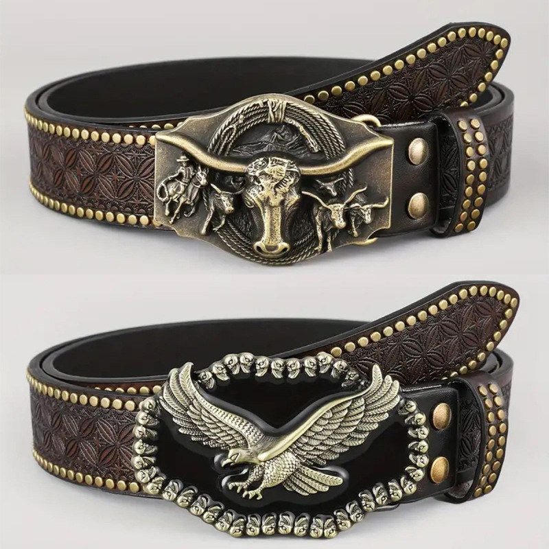 Cross-Border Western Cowboy Belt Trendy Retro Youth Punk Embossed Men's Rivet Leather Belt Spot Wholesale Cross-Border Western Cowboy Belt Trendy Retro Youth Punk Embossed Men's Rivet Leather Belt Spot Wholesale