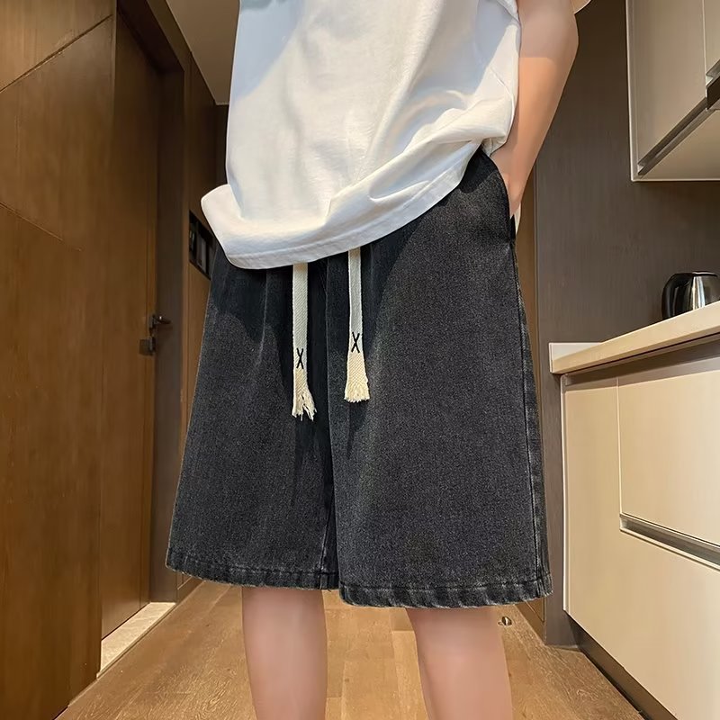 美式高街牛仔短裤男夏季薄款宽松潮牌百搭抽绳裤子男外穿五分裤潮