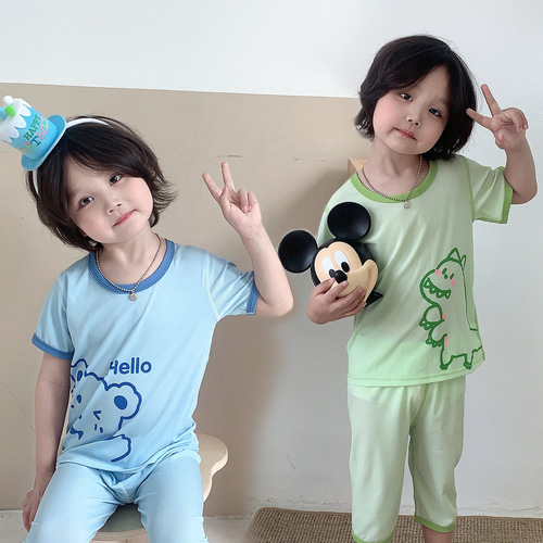 Skeleton Set Sleepwear Summer Thin Air Conditioner Suit Long Sleeve Children Ice Silk Set Spring and Autumn Base Innerwear Home Clothes