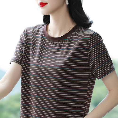 Mature Mom Pure Cotton Short Sleeve T-Shirt Women's 2025 Summer New Striped T-Shirt Loose Plus Size Abdominal Covering