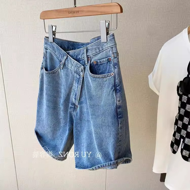 Deconstruction ~ high waist straight tube small loose asymmetric slant placket slim Denim shorts foreign trade explosions recommend