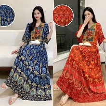 2025夏季新款连衣裙 民族风绵绸V领绣花喇叭袖收腰显瘦休闲连衣裙