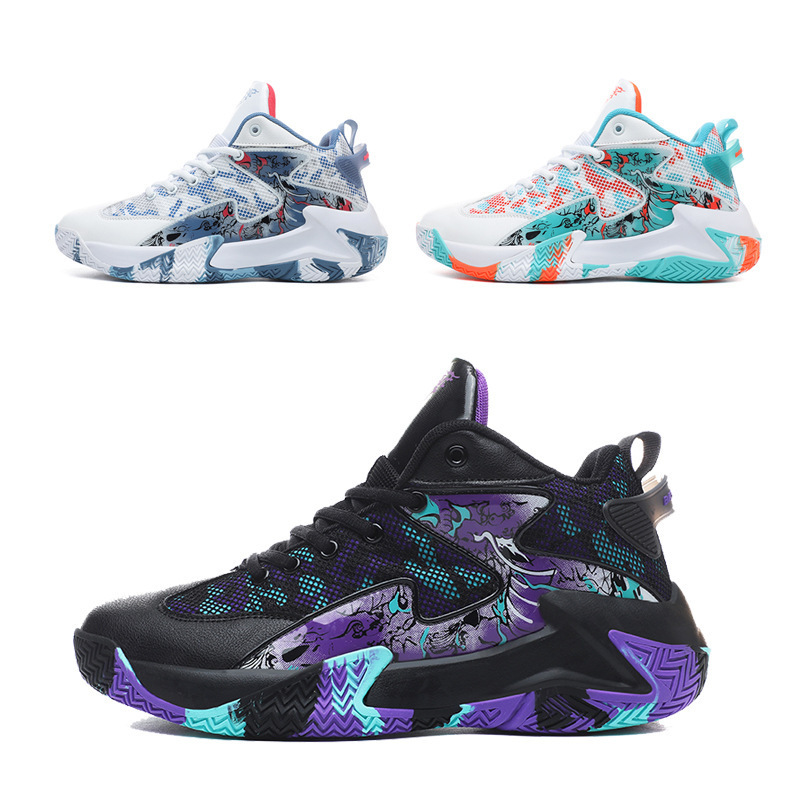 New Trendy Graffiti Rubber Couple Basketball Shoes Breathable High-Top Comfortable Street Style Basketball Thick-Soled Running Shoes