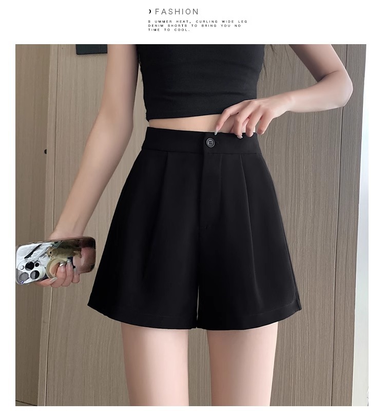 Quần short nữ cạp cao dáng chữ A ống rộng mùa hè — Màu đen (gửi thắt lưng xoắn khóa ngẫu nhiên) chi tiết 18