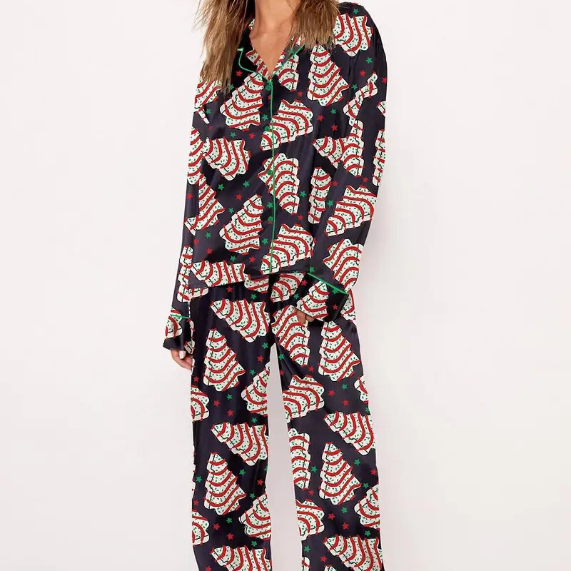 2024 Cross-Border Christmas Tree Print Set Women's and Children's Pajamas Plus Size Elegant Pod Customization
