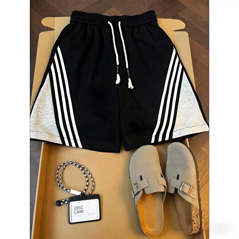 American-Style Three-Stripe Casual Shorts for Men, Summer Retro Color-Blocking Quarter-Length Shorts for Running and Basketball Sports