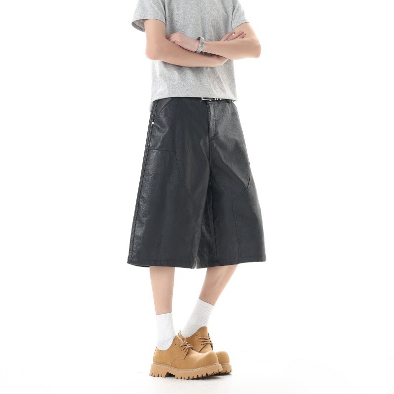 American-style high-street straight-leg PU leather pants for men, new spring/summer style, retro, versatile, loose fit, slimming, casual five-point pants.