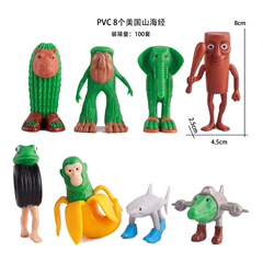 8つの新しい国境を越えた製品、山と海の経典のフィギュアセット、動物のパロディー装飾品、木の棒、靴を履いた人、サメ