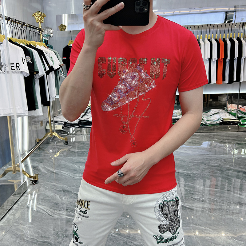 2023 Neue Sommer Ice Short Herren Trend Slim Fit Halbarm Mode Marke T-Shirt Schuhe Hot Diamond Seide Baumwolle_voghion.com