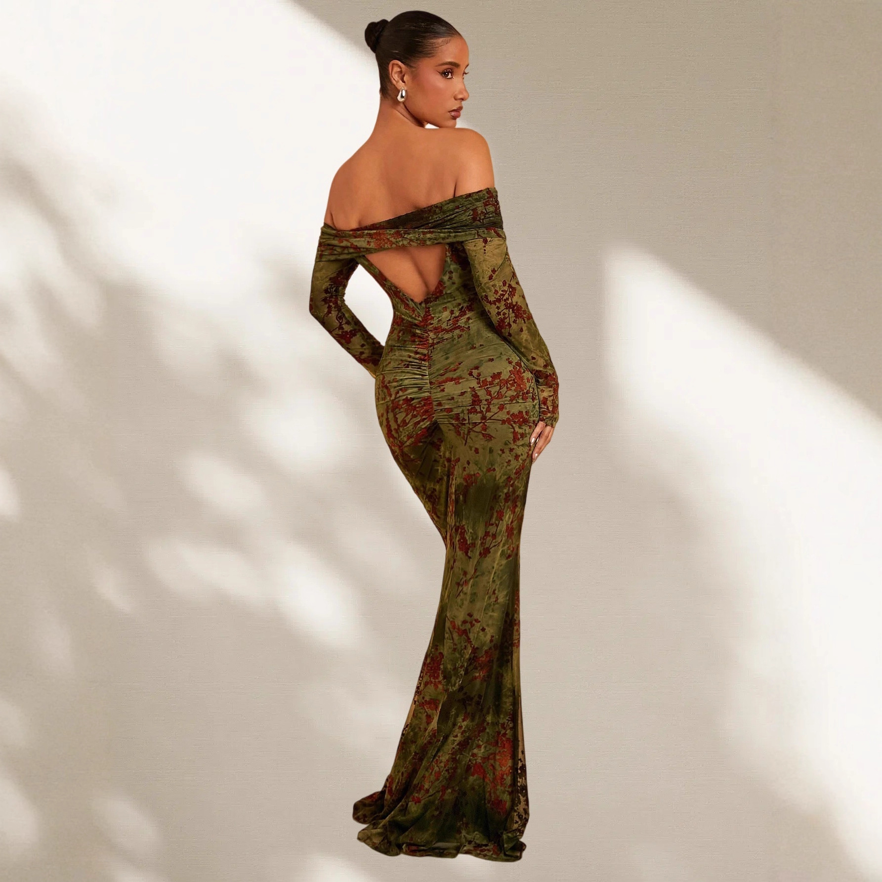 Cross-Border Amazon Popular Fishtail Skirt Long-Sleeved One-Shoulder Dress Evening Party Evening Dress