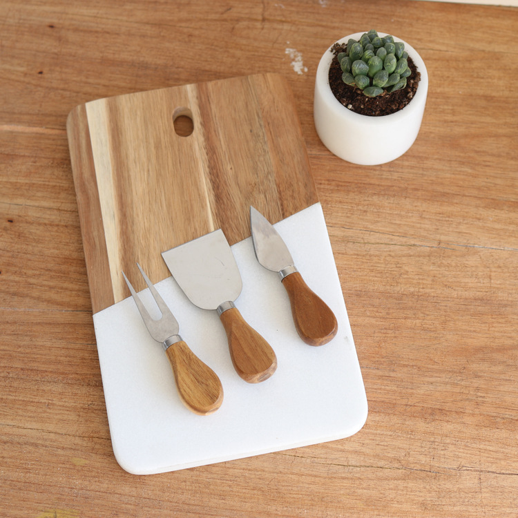 Foreign Trade Factory European and American Marble Western Food Flat Plate Marble Wood Spliced ​​Dinner Plate Set with Cheese Knife