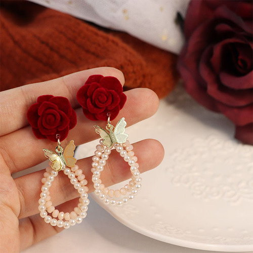 flocking pearl earrings roses red series butterfly earrings stud 