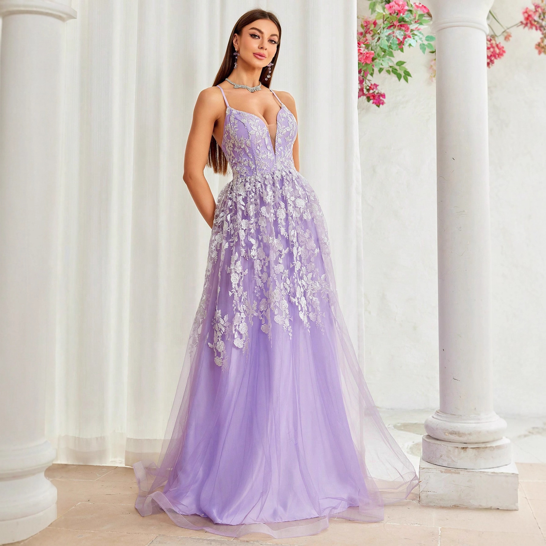 Cross-Border European and American Style Spaghetti Strap V-Neck Dress, New Summer Ball Gown, Evening Dress, Birthday Party Dress, Adult Dress