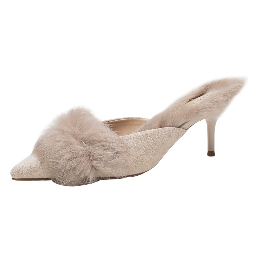 53013 [Овчина] Меховые тапочки на высоком каблуке для женщин, которые можно носить на улице, весна 2025, новый стиль, полутапочки на шпильке с кроличьим мехом Baotou