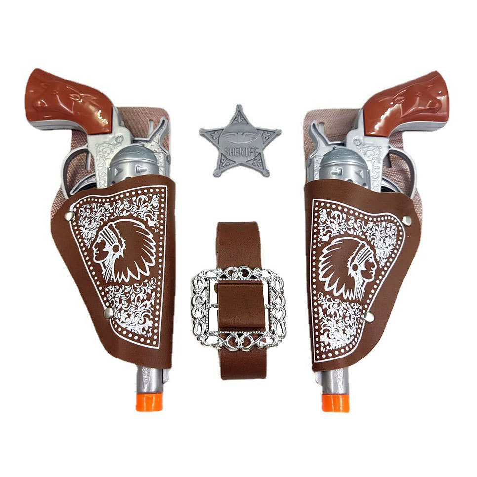 Pistola de juguete de rol para niños lanza doble vaquero, cinturón, insignia, pistola de vaquero
