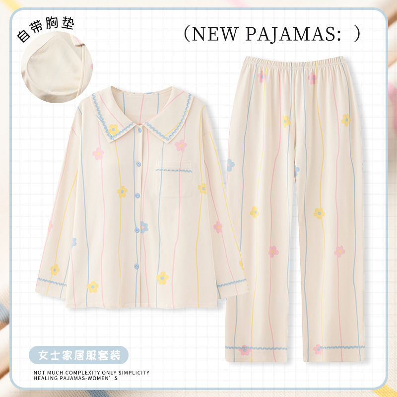 [100% Cotton] Pajamas with Chest Pad Women's Spring and Autumn New Long Sleeve Lapel Cotton Sweet Cartoon Home Clothes