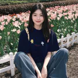 甜酷独特小众夏天短袖T恤女2026新款美式复古黑色宽松纯棉半袖INS