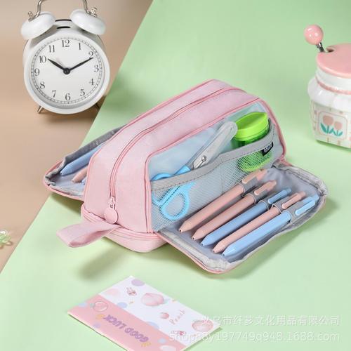 Double-layer double-opening window pen bag, minimalist monochrome large-capacity multi-functional storage bag, suitable for primary school students, durable stationery storage bag