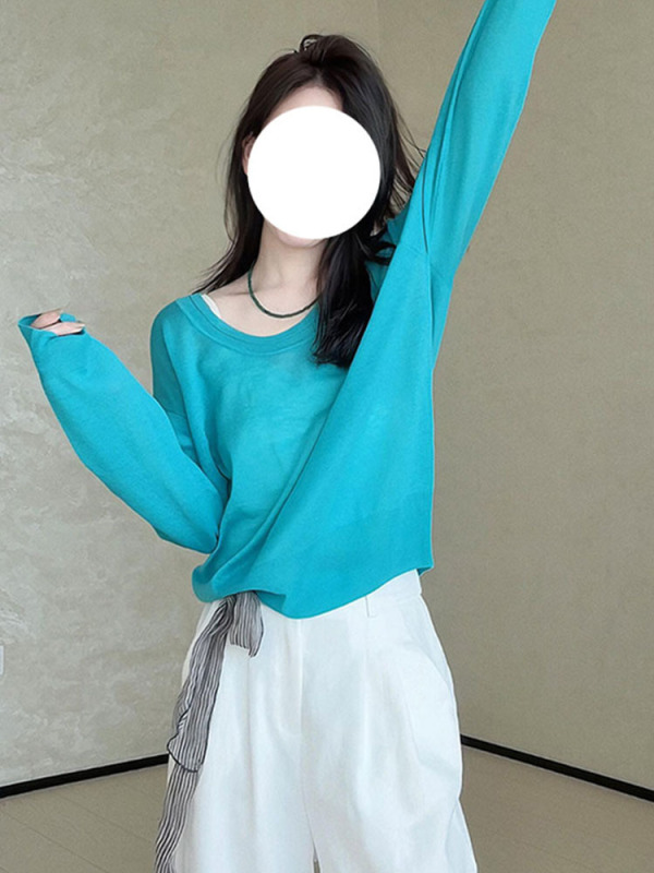 蓝色宽松短款针织罩衫长袖t恤女2025新款春季流行穿搭多巴胺上衣|undefined