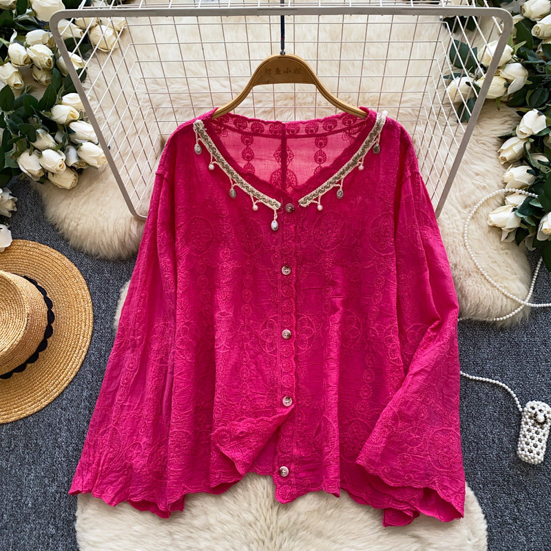 Carefully Selected Bohemian Style Beaded Lace Embroidered Shirt for Women, Autumn Long-Sleeved Korean Style Cardigan, Loose and Slimming Look