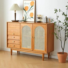 r^r^日式实木餐边柜一体靠墙藤编置物柜北欧现代简约轻奢樱桃木储