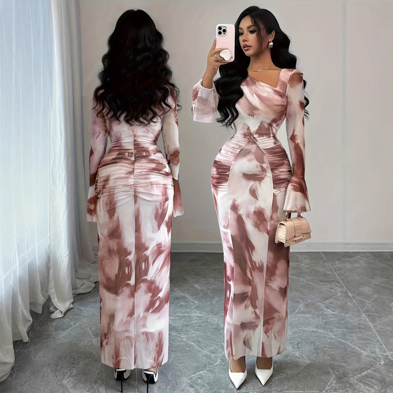Amazon European and American Cross-Border Foreign Trade 2025 New Elegant Tie-Dye Printed Mesh Design Dress with a Refined and Elegant Look