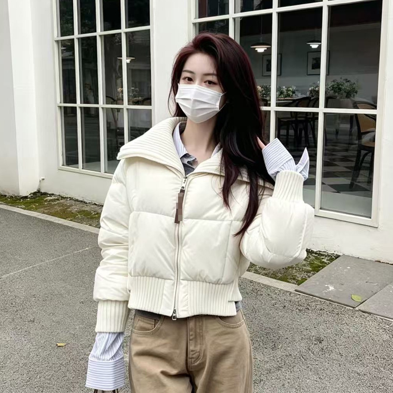 冬季新款蒙口羽绒服女款针织假两件白鹅绒保暖外套时尚泡芙面包服