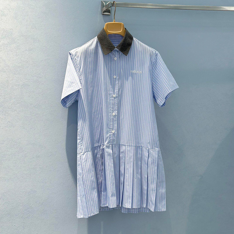 Miu-style Letter Embroidered Vertical Stripe Short-sleeved dress Cotton Lapel Pleated Patchwork College-style Princess Dress for Summer