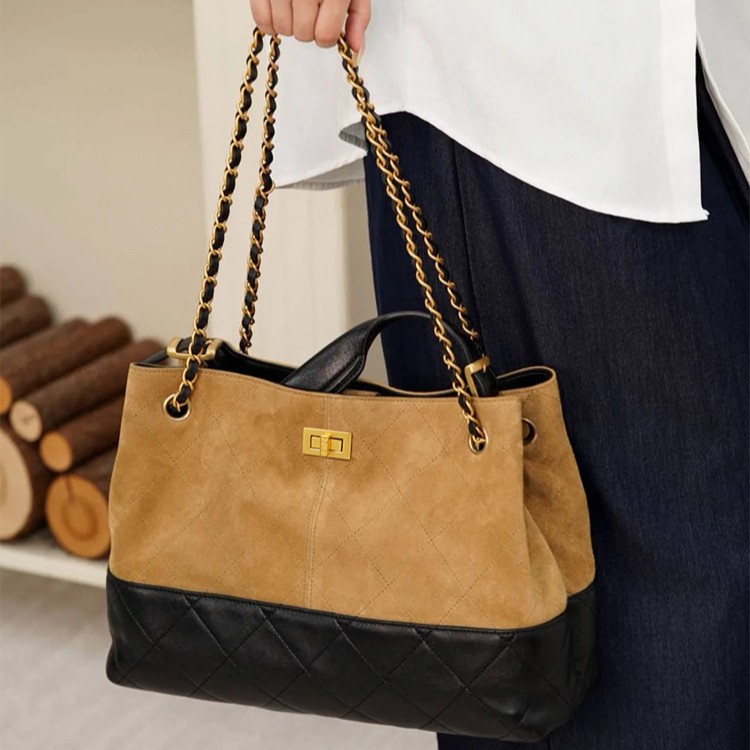 定制欧美复古小香风手提包拼色菱格链条大牌高级感腋下单肩托特包