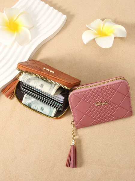 New Women's Short Wallet Simple Plaid Embossed Clutch Bag Zipper Bag Multi-Card Slot Coin Purse Card Holder