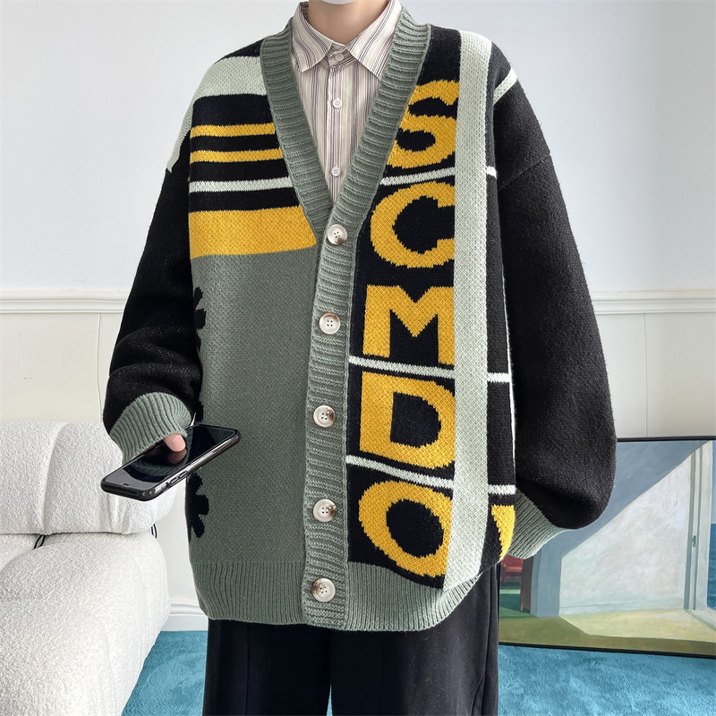 BF Lazy Style Sweater Coat Men's Autumn and Winter American Style Retro Knitted Sweater for Couple National Trendy Contrast Cardigan Top Clothes