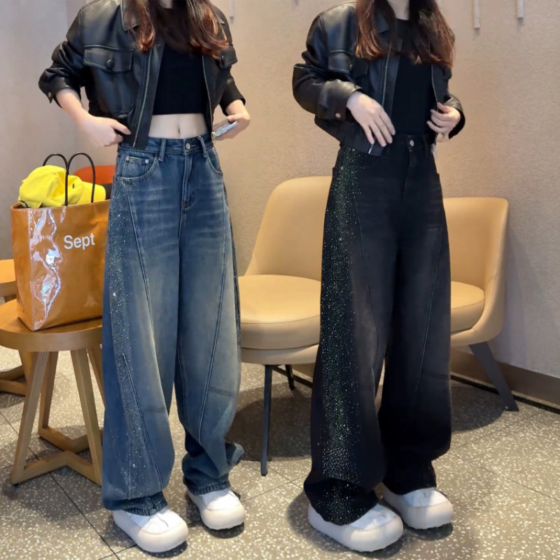 Rhinestone Wide-Leg Jeans for Women, Summer Thin Style, 2026 New Model, Plus Size, Slimming, with Rhinestones, Straight-Leg, Curved Pants
