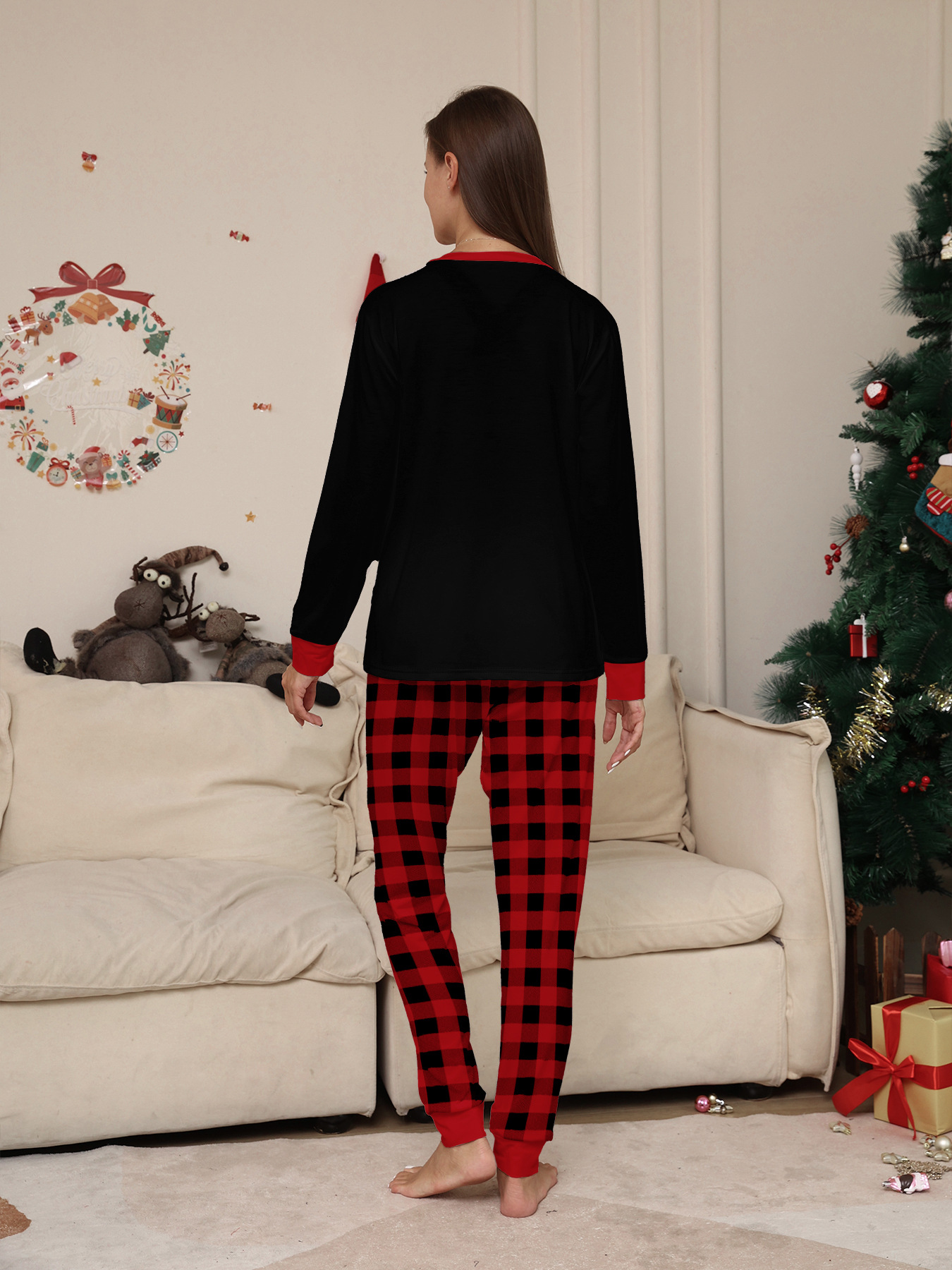 Christmas Christmas deer letter plaid Christmas family print home dress pajamas_voghion.com