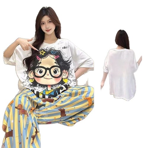 Sweet Cartoon Striped Long Pants Spring and Summer New Women's Han Style Wearable Cute Pajamas Summer Set