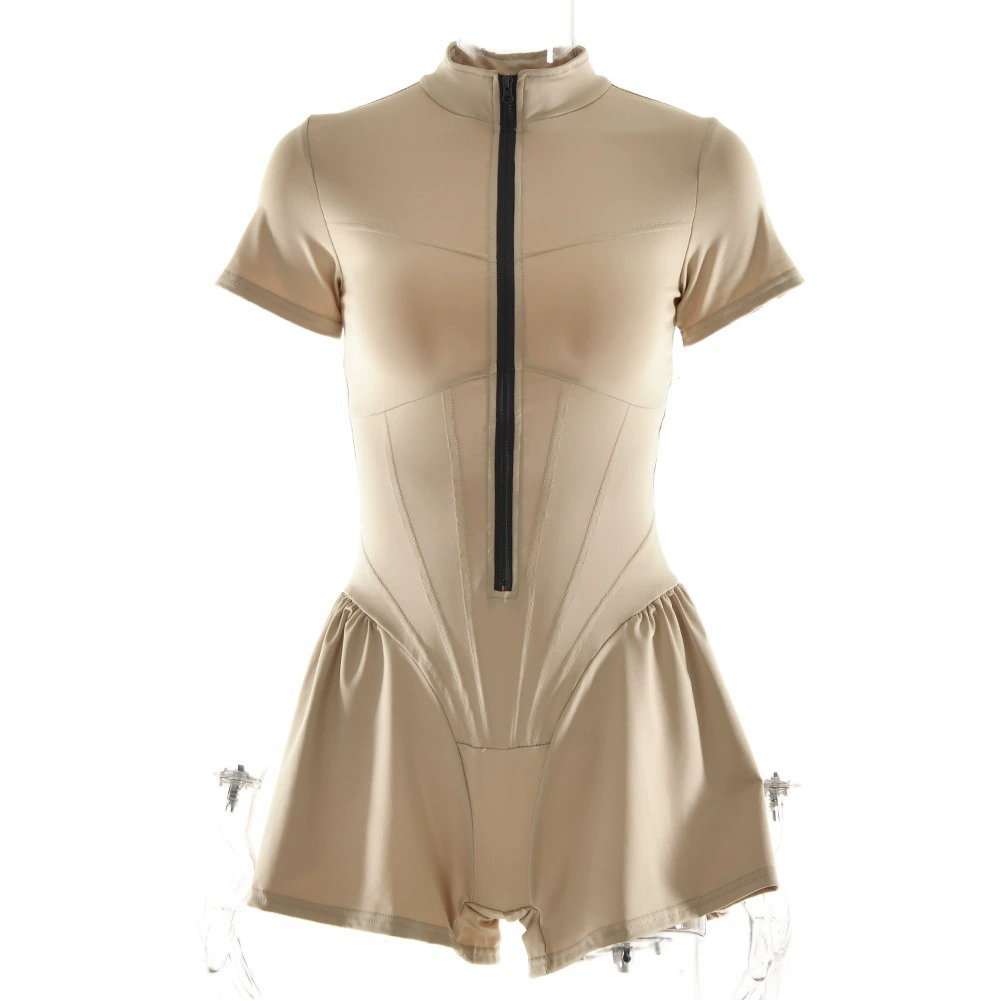 Amazon Cross-Border Горячий сексуальный узкий комбинезон с короткой юбкой Осенняя Новая Женская Базовая рубашка на молнии с круглым вырезом и коротким рукавом