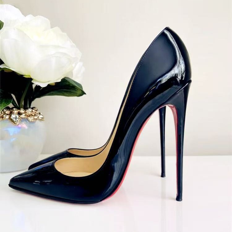 12cm Black Patent Leather High Heels for Women, Sexy Pointed Toe, Patent Leather, Red Sole, Steel Heel, Size 46 12cm Black Patent Leather High Heels for Women, Sexy Pointed Toe, Patent Leather, Red Sole, Steel Heel, Size 46