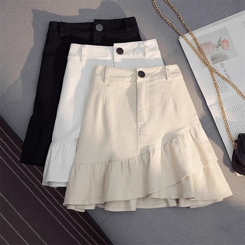 2024 Spring and Summer New Half Skirt White Denim Irregular Ruffled A-Line Skirt High Waist Short Skirt Women's Anti-peek 