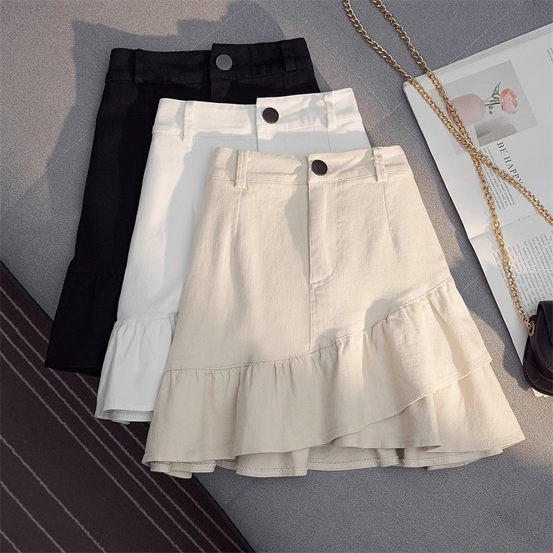 2025 Spring and Summer New Skirt White Denim Irregular Ruffled A- Line Skirt High Waist Short Skirt Women's Anti-Light