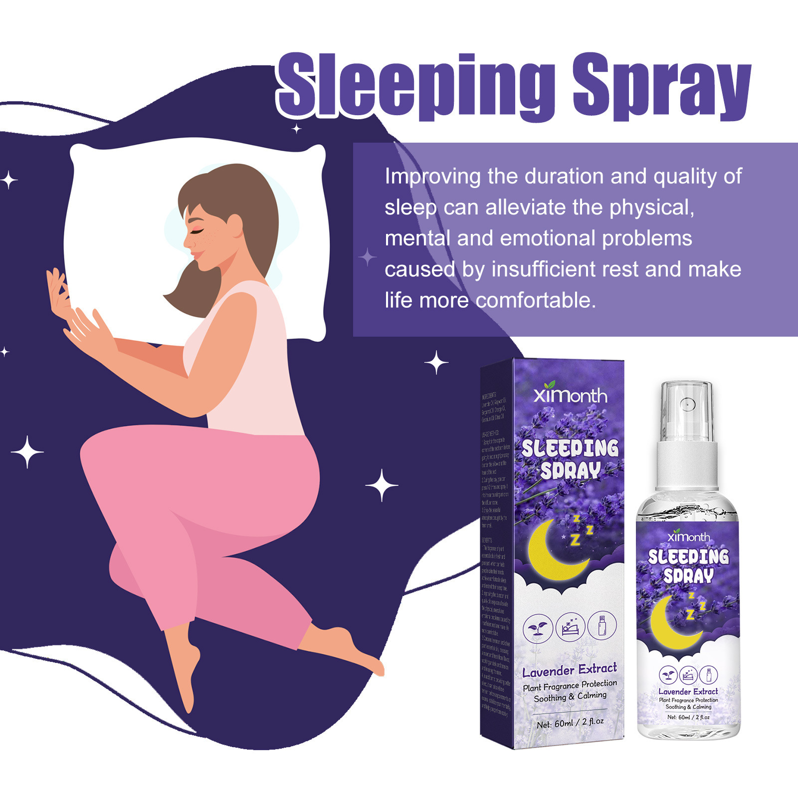 Ximonth Lavender Sleep spray Soothes the nerves, hypnotizes and sleeps, relieves insomnia and sleeps at ease spray