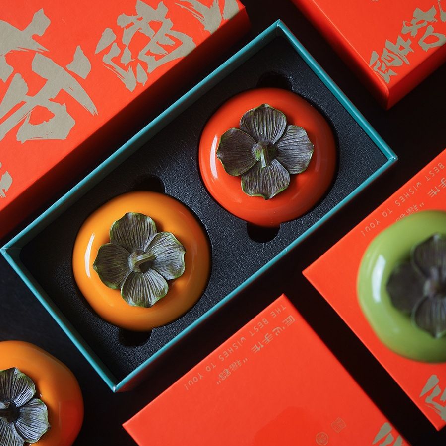 Simulated persimmon tea jar mini ceramic persimmon jar small jar tea jar decoration everything goes well empty gift box packaging