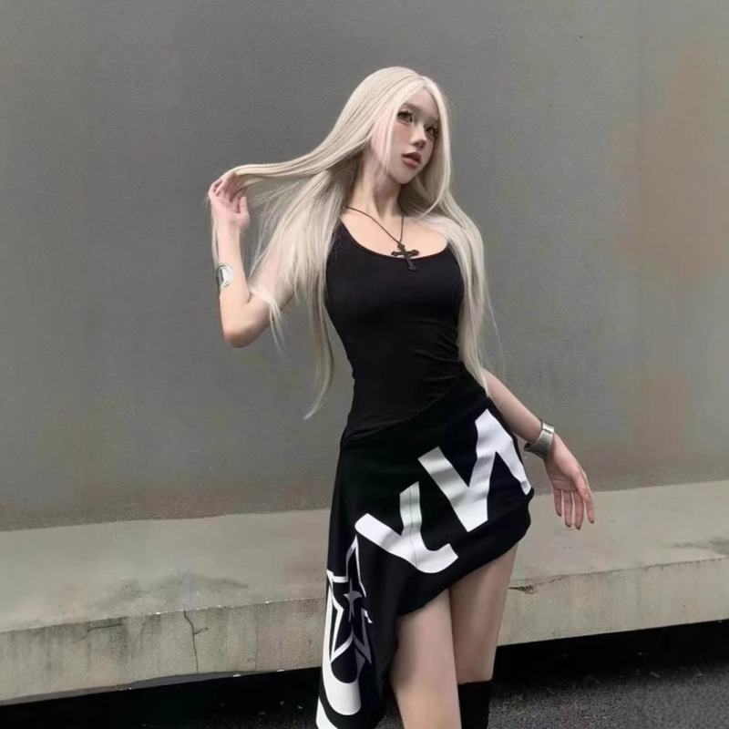American Style Black Printed Sling Y2K Vest dress Summer Design Sense Niche French Elegant Hip Skirt