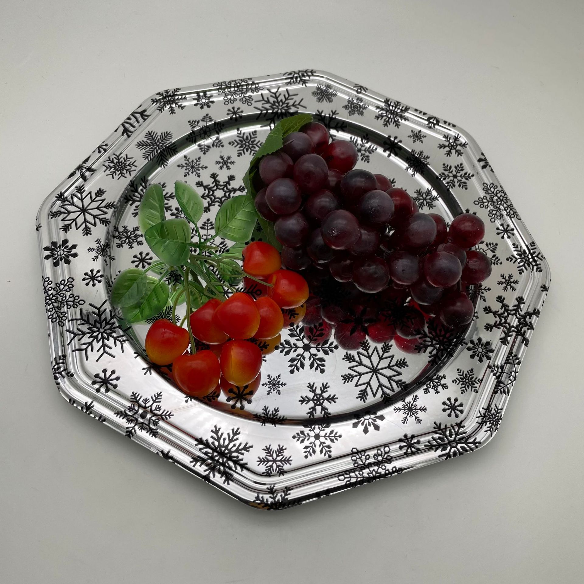 一次性塑料圆盘黑白印花八角圆盘自助取餐盘聚会水果盘零食盘